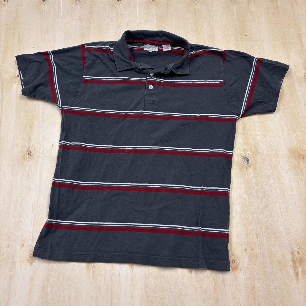 Point Zero Polo Shirt Mens Medium Gray Red Stripe Cotton Short Sleeve Casual